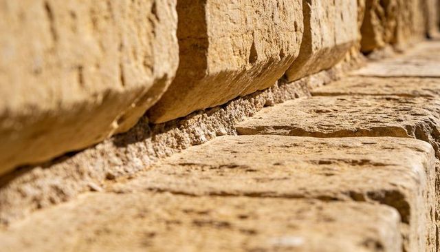 Sunlit weathered limestone wall closeup revealing pitted blocks and mortar texture
