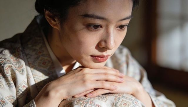 Contemplative woman resting chin on folded hands wearing patterned kimono in sunlit tatami