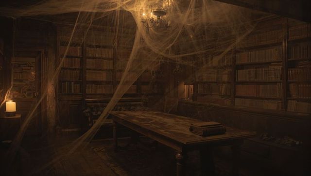 Dusty victorian study with cobbwebbed bookshelves
