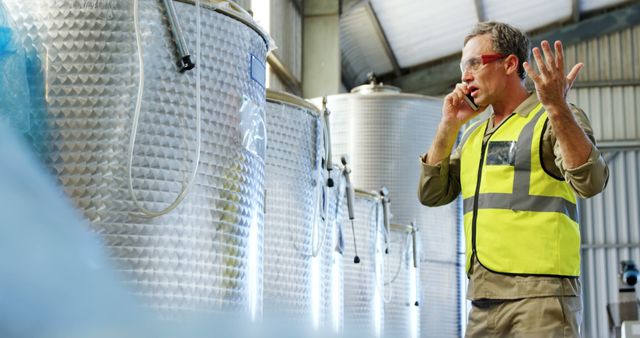 Manager Inspecting Factory Equipment and Talking on Phone - Download Free Stock Images Pikwizard.com