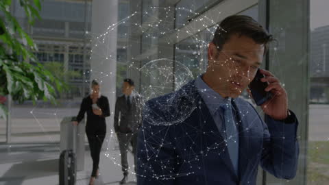 Businessman Engaged on Smartphone with Digital Global Network Overlay