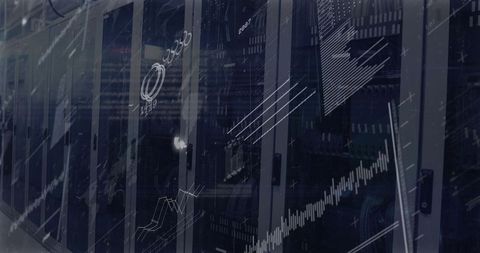Server Room with Data Overlay and Digital Graphs