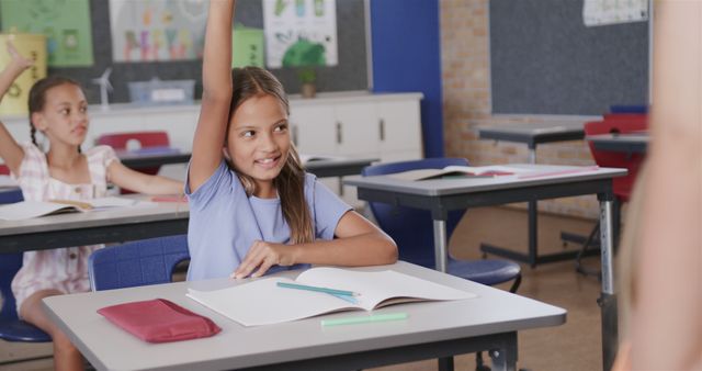 Engaged Students Raising Hands Active Participation Elementary Classroom - Download Free Stock Images Pikwizard.com