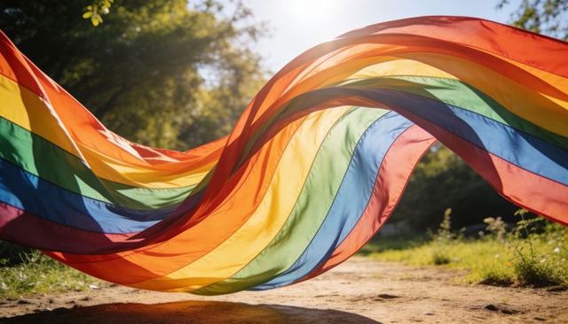 Sunlit rainbow flag flowing over dirt path, vibrant backlit fabric casting colorful shadows