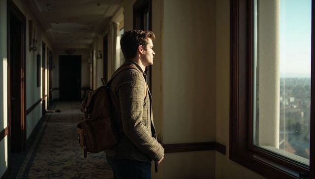 Young man standing at window in hotel corridor gazing at city skyline during golden hour