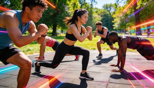 Asian woman lunging in outdoor group fitness with wrist trackers and neon motion streaks