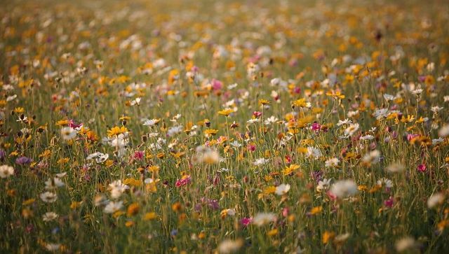 Sunlit wildflower meadow with golden daisies, pink blooms and soft bokeh glow