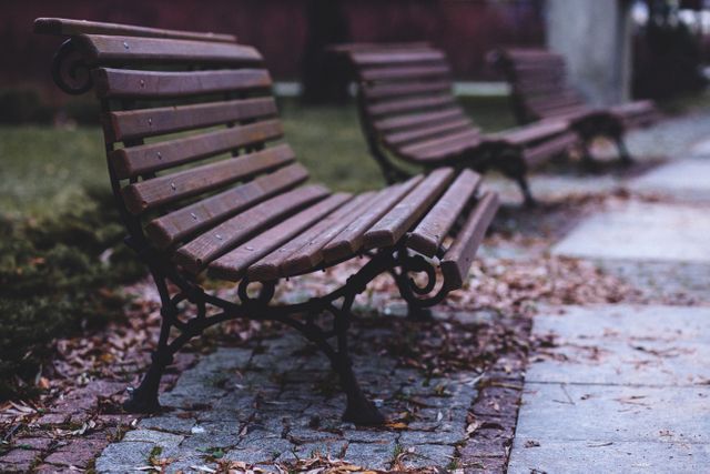 Empty wooden park benches on a quiet autumn day with fallen leaves scattered on the ground and in the seating area can evoke a sense of peace and solitude. Ideal for use in blogs about urban parks, relaxation, or solitude. Perfect visual aid for promoting calm and serene outdoor spaces.