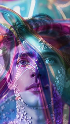 Surreal neon portrait sweeping rainbow ribbons and floating petals in vertical art video