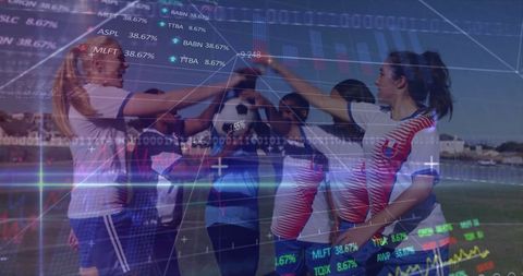 Celebrating Soccer Team with Complex Chart Overlays on Field