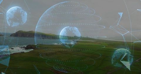Holographic geospatial overlay mapping coastal fields and rocky shoreline misty seascape