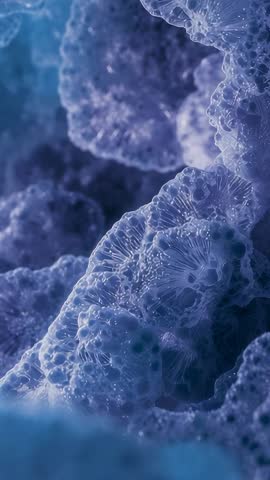 Vertical macro video revealing ridged porous foam with beads, fibrous strands and cavities