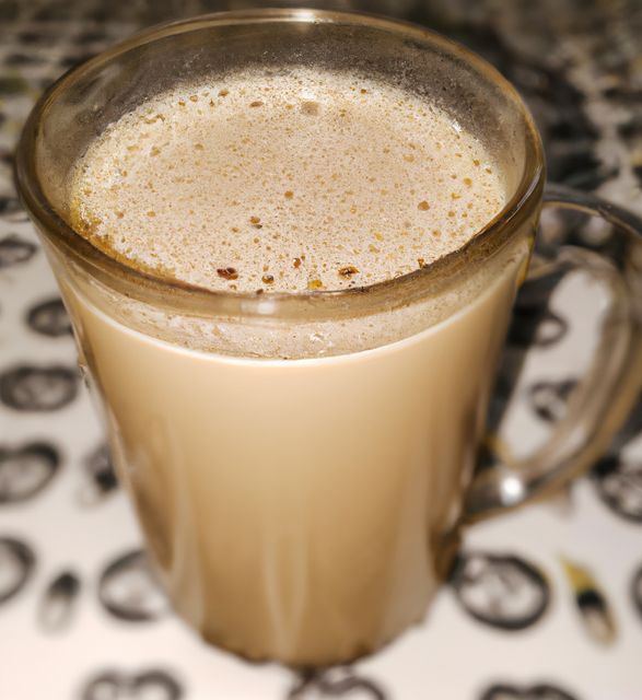 This image displays a close-up view of a steaming cappuccino in a clear glass mug on a patterned table. The thick foam on top indicates a well-prepared coffee. This can be used in blogs or articles about coffee culture, cafe menus, or advertisements for coffee shops to highlight their beverages.