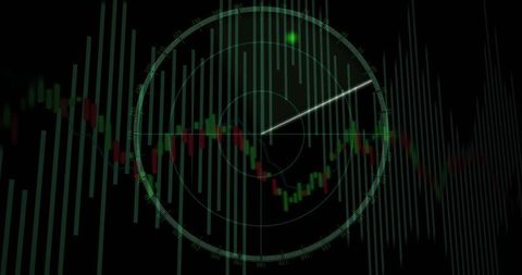 Futuristic radar display with financial analytics overlay