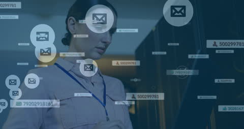Server Room Worker Analyzing Digital Icon Overlays