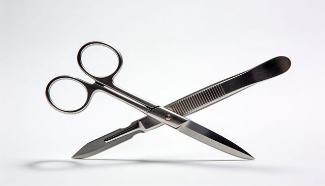 Crossing stainless surgical scissors and scalpel casting soft shadow on white backdrop
