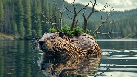 Creative beaver sculpture with tree trunks in tranquil mountain lake