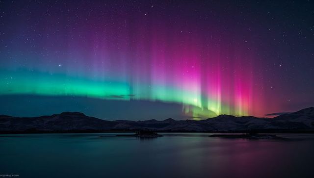 Magenta and teal aurora dancing over remote snowy mountains, lake reflecting starry night