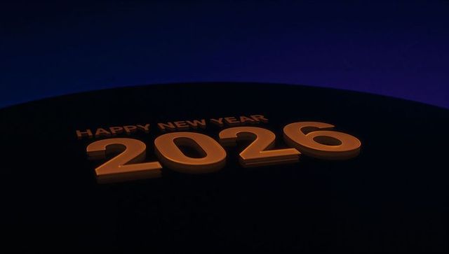 Glowing gold 2026 numerals on dark curved stage celebrating new year sculptural typographic