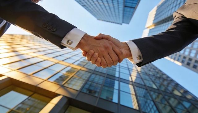 Low-angle handshake sealing major corporate deal between executives amid glass skyscrapers