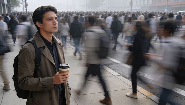 Commuter standing holding coffee amid rushing city crowd at crosswalk, moody morning light