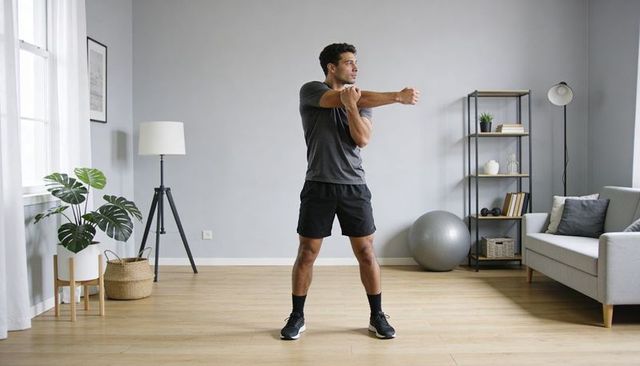 Man stretching arm across chest during home workout in minimalist living room with exercise ball