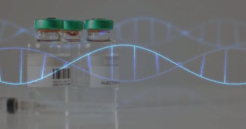 Genetic Research in Pharmaceuticals Combining Vials and DNA Helix