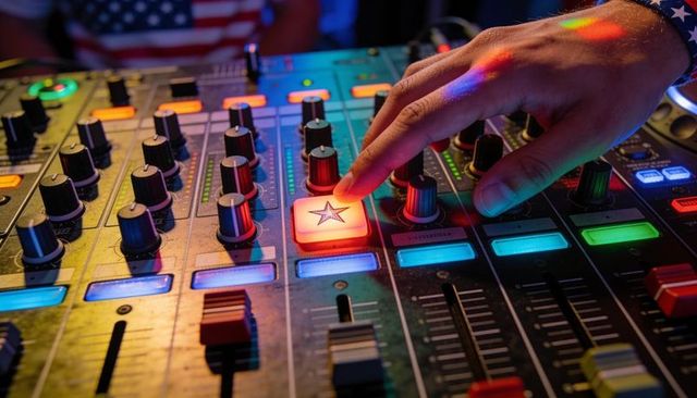 Dj mixing console close-up pressing illuminated star pad adjusting knobs and faders