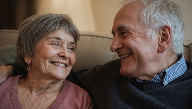 Senior couple sharing warm smiles and eye contact on cozy sofa, showing affection