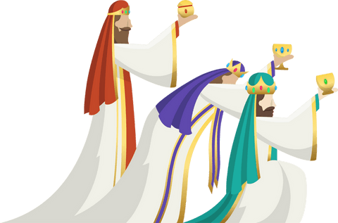 Wise men offering golden gifts on transparent background