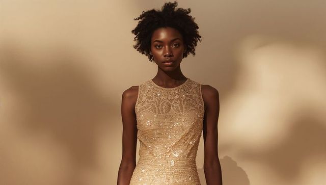 Elegant black model wearing beaded gold evening gown posing against soft beige backdrop