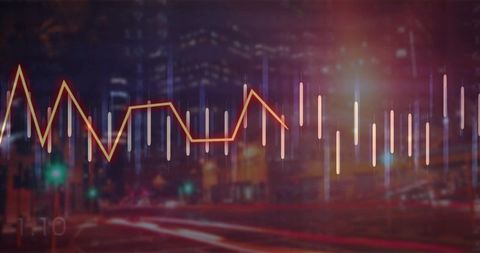 Glowing market line chart overlaying downtown night street with candlestick bars and neon bokeh