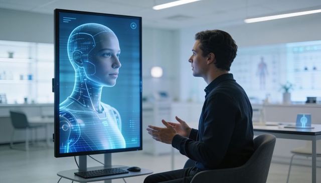 Researcher interacting with holographic female ai avatar on vertical monitor