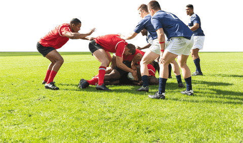 Diverse rugby team players competing outdoors on transparent background