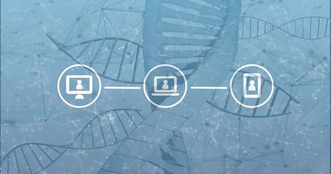 Genomics data connectivity linking desktop laptop smartphone icons with dna helix network