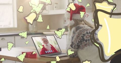 Woman Video Calling with Santa Claus at Home for Christmas Celebration
