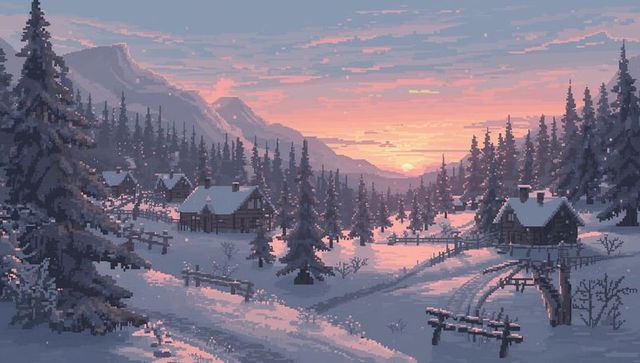 Pixel-style snowy mountain village at sunset featuring cabins, pine forest and footbridge