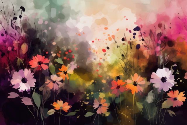 This image depicts vibrant watercolor floral abstract art with a mix of colorful flowers and foliage. The blend of bright and muted colors gives a mesmerizing and artistic feel, perfect for use in home decor, prints, greeting cards, and wall art.