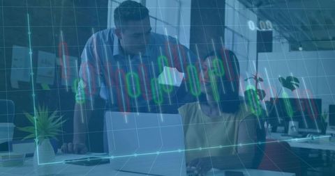 Business Professionals Assessing Financial Data with Technology Interface