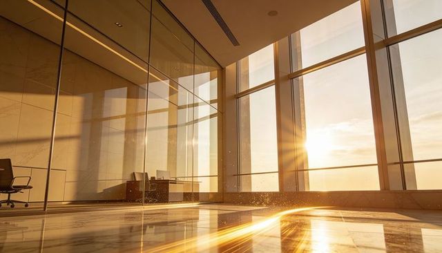 Sunlight bathing luxury corner office with glass partition and golden reflections