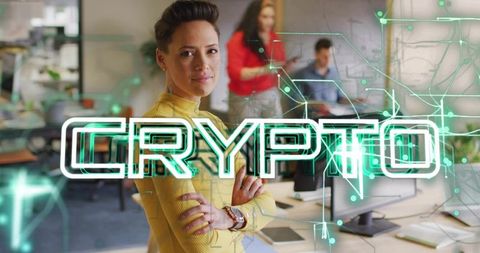 Confident Businesswoman in Modern Office with Crypto Overlay