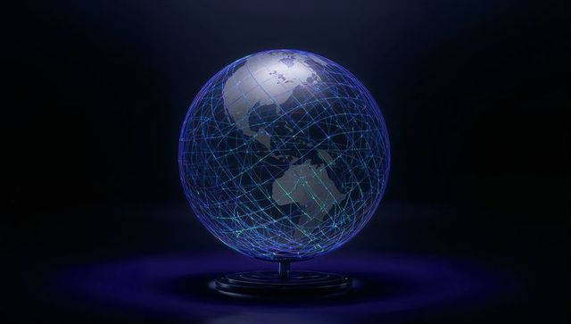 Futuristic globe showing global mesh network with neon blue-violet lattice and reflective stand