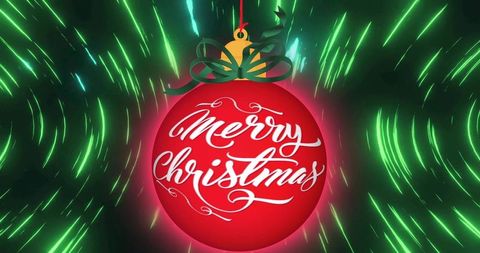 Red christmas bauble merry christmas calligraphy with neon green streaks and glowing ribbon