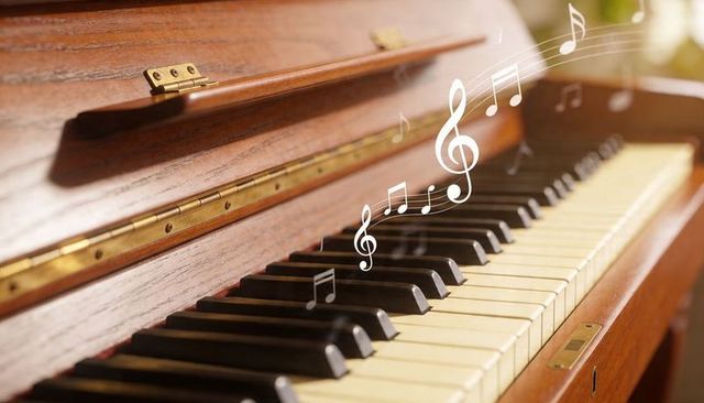 Sunlight streaming on vintage upright piano keyboard with floating musical notes