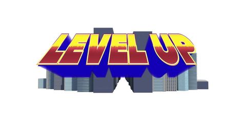 Level Up Text Over Cityscape for Virtual Gaming Concepts