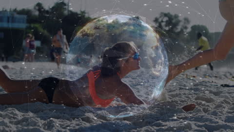 Volleyball Players on Beach with Tech Overlay