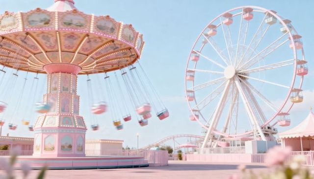 Pastel swing carousel and ferris wheel at sunny fairground with motion blur