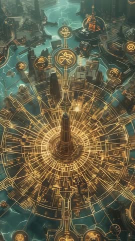 Holographic Spire Activating Pulsing Network Grid Over Teal Plane Vertical Tech Loop