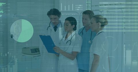 Diverse medical team analyzing digital data in hospital