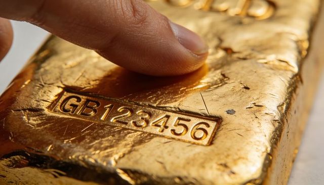 Fingertip pressing serial-stamped gold ingot revealing scratches, texture and shine